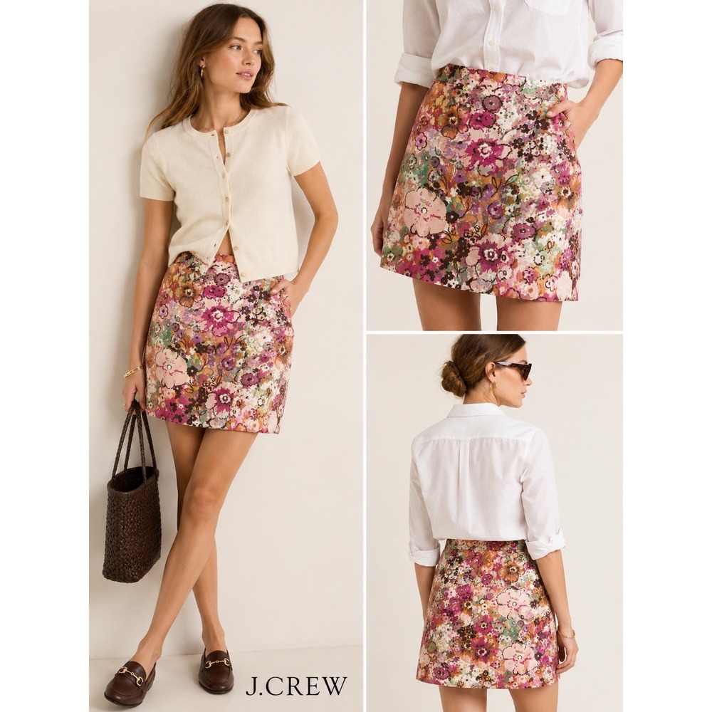 J.Crew Floral Mini Skirt Pink Retro Print Wrap Look Cottagecore Size 6